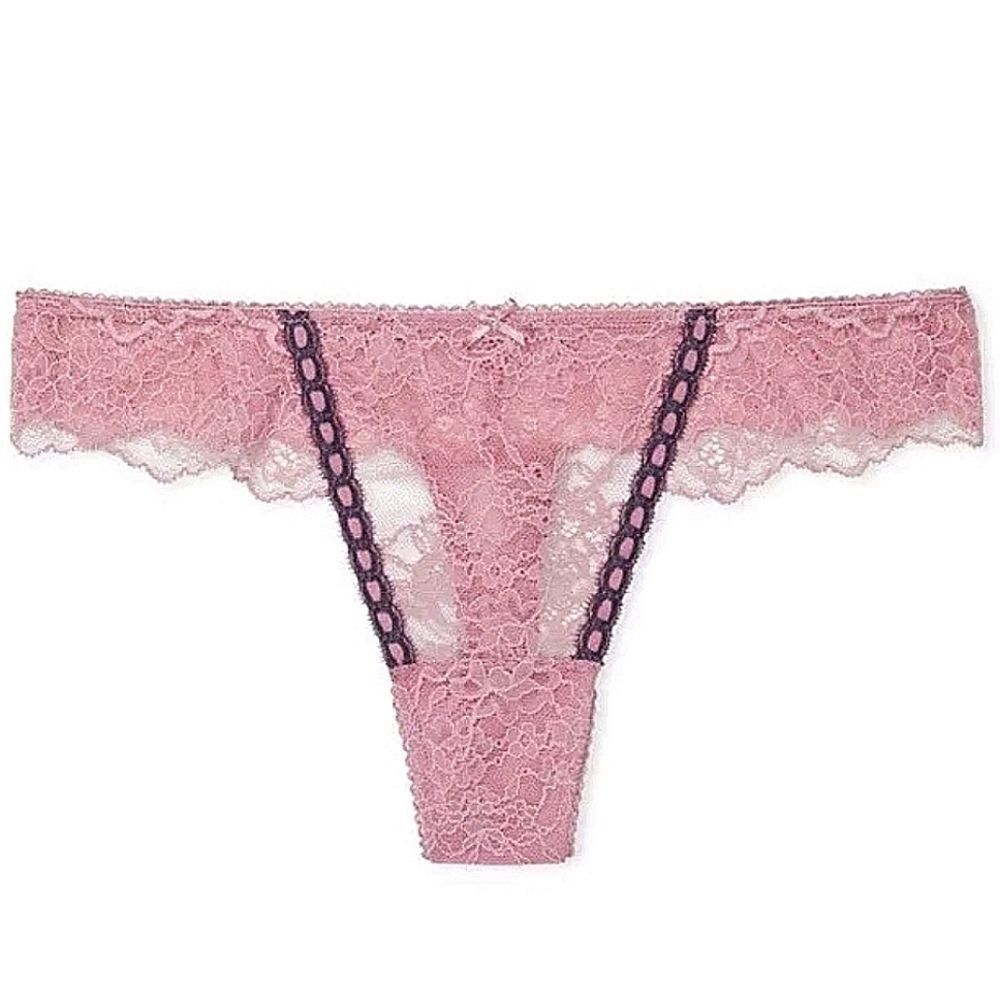 NWT Victoria’s Secret Ribbon Slot Lace Thong Panty Pink Dusk Mauve Size Medium